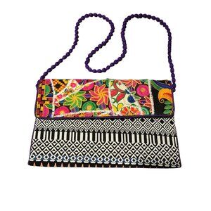 Colorful Sacred Threads Boho Clutch Purse With Beaded Strap & Embroidered Patter